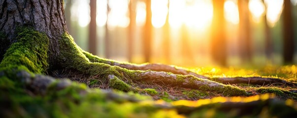 Poster - Moss forest concept. A tranquil scene of sunlight filtering through trees and illuminating mossy roots.