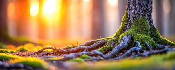 Poster - Moss forest concept. Close-up of tree roots surrounded by lush moss in a sunlit forest.