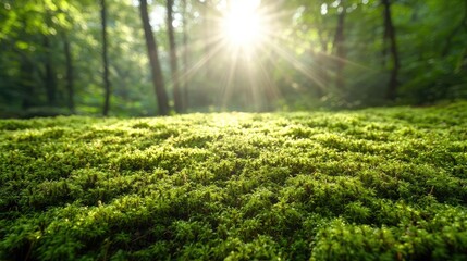 Poster - Moss forest concept. Sunlight filters through trees, illuminating vibrant green moss on the forest floor.
