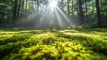Poster - Moss forest concept. Sunlight streaming through a dense forest, illuminating vibrant green moss on the ground.