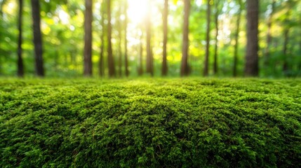Poster - Moss forest concept. Lush green moss covering the ground under sunlight in a tranquil forest setting.
