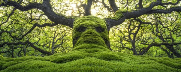 Poster - Moss forest concept. Majestic tree with vibrant green moss creates a serene, enchanting atmosphere in nature.