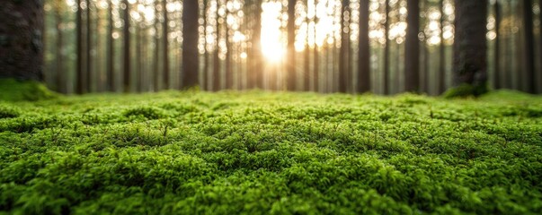 Poster - Moss forest concept. Sunlight filters through trees onto lush green moss in a serene forest.