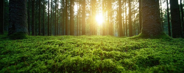 Poster - Moss forest concept. Sunlight filters through trees, illuminating a vibrant green forest floor.