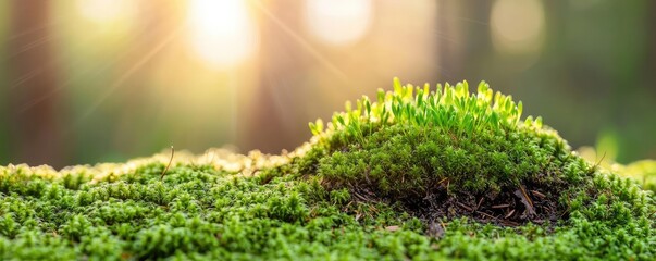Poster - Moss forest concept. Close-up view of lush green moss illuminated by soft sunlight in a serene forest.