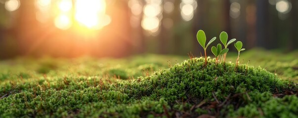 Poster - Moss forest concept. New saplings emerging from the forest floor, illuminated by soft sunlight.