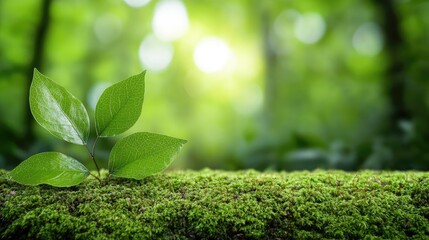 Poster - Moss forest concept. Vibrant green leaves against a blurred natural background, lush and serene atmosphere.