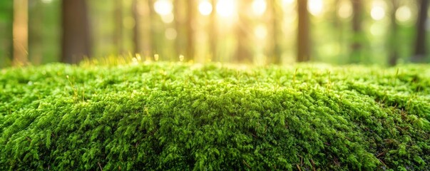 Poster - Moss forest concept. A serene view of lush green moss in a sunlit forest setting, inviting nature's tranquility.