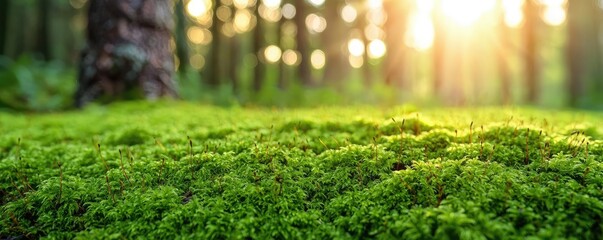 Poster - Moss forest concept. Lush green moss covers forest floor in soft sunlight, creating a peaceful natural landscape.