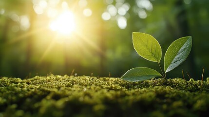 Poster - Moss forest concept. A vibrant green sprout emerges from soft moss under gentle sunlight, symbolizing new life.