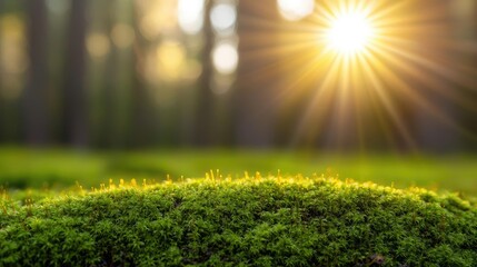 Poster - Moss forest concept. Golden sunlight illuminates lush green moss in a tranquil forest setting.