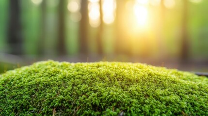 Poster - Moss forest concept. Close-up of vibrant green moss illuminated by soft sunlight in a tranquil forest.
