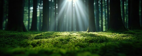 Poster - Moss forest concept. Sunlight filters through a dense forest, illuminating lush green moss on the ground.