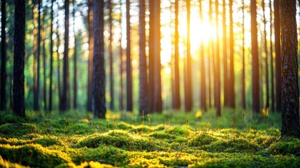 Poster - Moss forest concept. Sunlight filters through tall trees in a serene forest providing tranquility and nature.