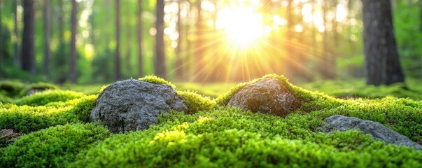 Poster - Moss forest concept. Sunlight streaming through trees, illuminating moss-covered rocks in a serene forest.