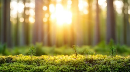 Poster - Moss forest concept. Sunlight filters through trees, illuminating fresh moss and young plants in a serene forest.