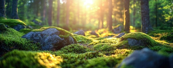 Poster - Moss forest concept. Sunlight filters through trees, illuminating a serene forest floor covered in moss and rocks.