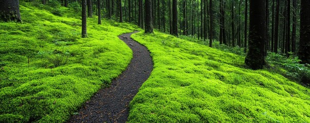 Poster - Moss forest concept. A serene forest path winding through lush green moss and tall trees, inviting exploration.