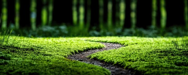 Poster - Moss forest concept. A peaceful forest path winding through lush green grass and tall trees, inviting nature.