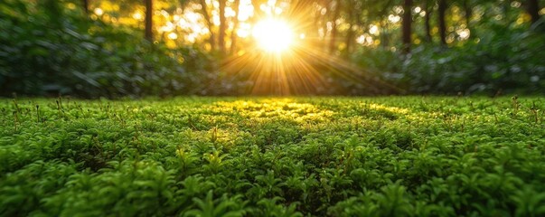 Poster - Moss forest concept. Sunlight filters through trees, illuminating lush green moss on the forest floor.