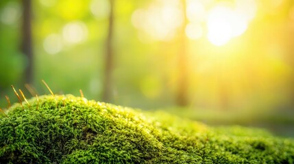 Poster - Moss forest concept. A serene close-up view of vibrant green moss illuminated by soft sunlight.