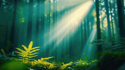 Poster - Moss forest concept. Captivating rays of sunlight illuminate a tranquil forest scene with lush greenery.