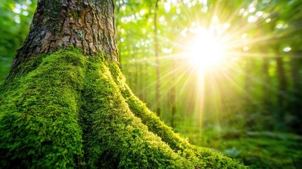 Poster - Moss forest concept. Sunlight filtering through a lush forest, illuminating moss-covered tree roots.