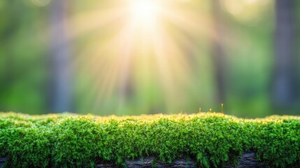 Poster - Moss forest concept. A serene moss-covered surface illuminated by soft sunlight in a tranquil forest.