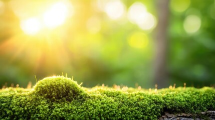 Poster - Moss forest concept. Close-up of vibrant green moss illuminated by warm sunlight in a serene forest environment.