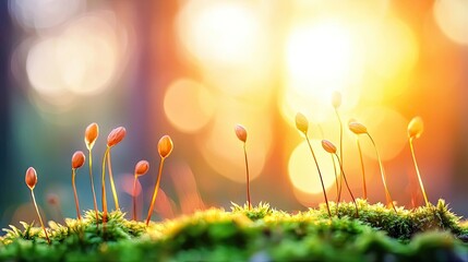Poster - Moss forest concept. Delicate moss sprouts basking in warm sunlight, showcasing nature's beauty and growth.