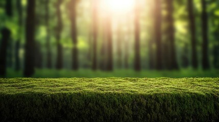 Poster - Moss forest concept. Serene forest scene with lush green moss and soft sunlight filtering through trees.