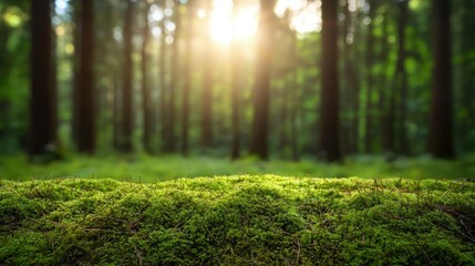 Poster - Moss forest concept. A serene forest scene with soft sunlight filtering through the trees onto lush green moss.