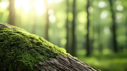 Poster - Moss forest concept. Lush green moss growing on a tree trunk in a tranquil forest during sunlight.