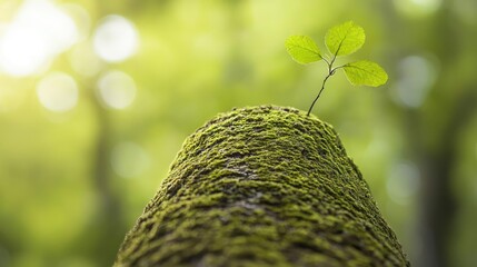 Poster - Moss forest concept. A vibrant green sprout emerging from a moss-covered stone in a lush forest.