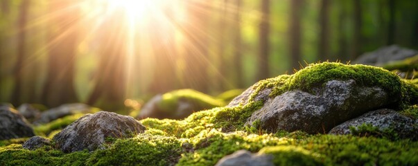 Poster - Moss forest concept. Sunlight streaming through trees illuminates moss-covered rocks in a serene forest.
