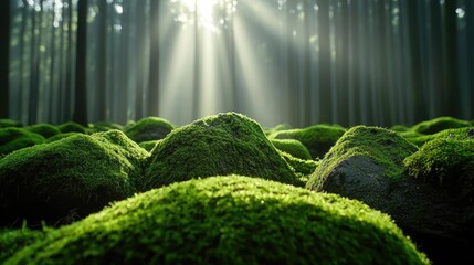 Poster - Moss forest concept. A tranquil forest scene with moss-covered rocks illuminated by soft sunlight.