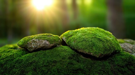 Poster - Moss forest concept. Two stones covered in lush green moss illuminated by soft sunlight.
