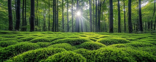 Poster - Moss forest concept. Sunlight filters through trees, illuminating a lush forest floor rich in vibrant greenery.