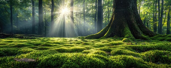 Poster - Moss forest concept. Sunlight filters through trees, illuminating lush green moss in a serene forest.