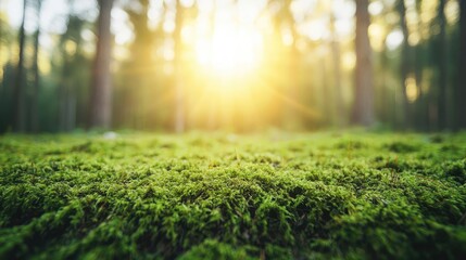 Poster - Moss forest concept. A serene forest scene with lush green moss under warm sunlight, showcasing nature's beauty.