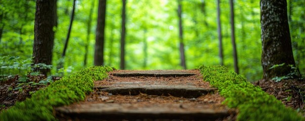 Poster - Moss forest concept. A tranquil forest path lined with lush greenery and natural light streaming through trees.