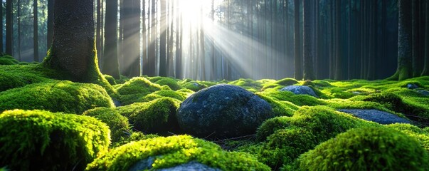 Poster - Moss forest concept. Sunlight streams through trees onto lush green moss and rocks in a serene forest landscape.