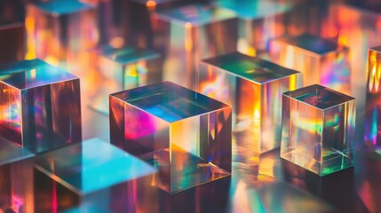 Abstract Iridescent Glass Cubes Colorful Prismatic Reflections and Geometric Shapes