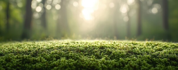 Poster - Moss forest concept. Serene forest scene with soft sunlight illuminating lush green moss.