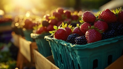 Wall Mural - Sunset Glow on Summer Berries at Farmers Market