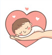 © Kavidu - Cute vector illustration of an Asian baby sleeping in an adult's hand with a pink heart-shaped background and clean minimalist design