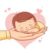 © Kavidu - Cute vector illustration of an Asian baby sleeping in an adult's hand with a pink heart-shaped background and clean minimalist design