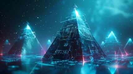 Wall Mural - abstract glowing pyramids with data symbols etched into their surfaces, hovering in a virtual blue e