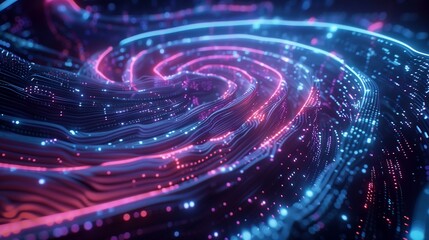 Wall Mural - ai-generated cybernetic pattern resembling a digital fingerprint, illuminated with neon lights and d