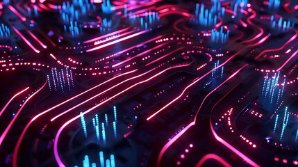 Wall Mural - ai-generated cybernetic pattern resembling a digital fingerprint, illuminated with neon lights and d